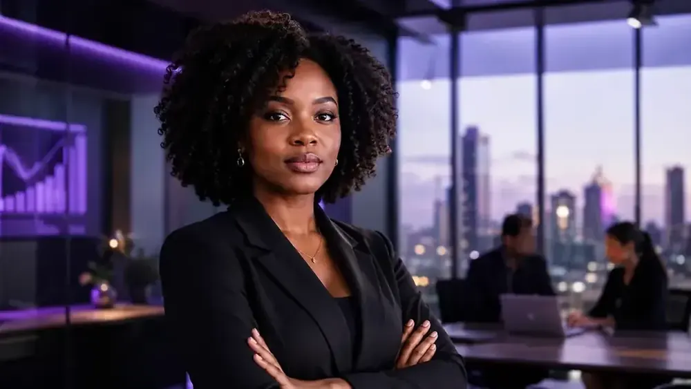 Mulher negra elegante em ambiente corporativo moderno