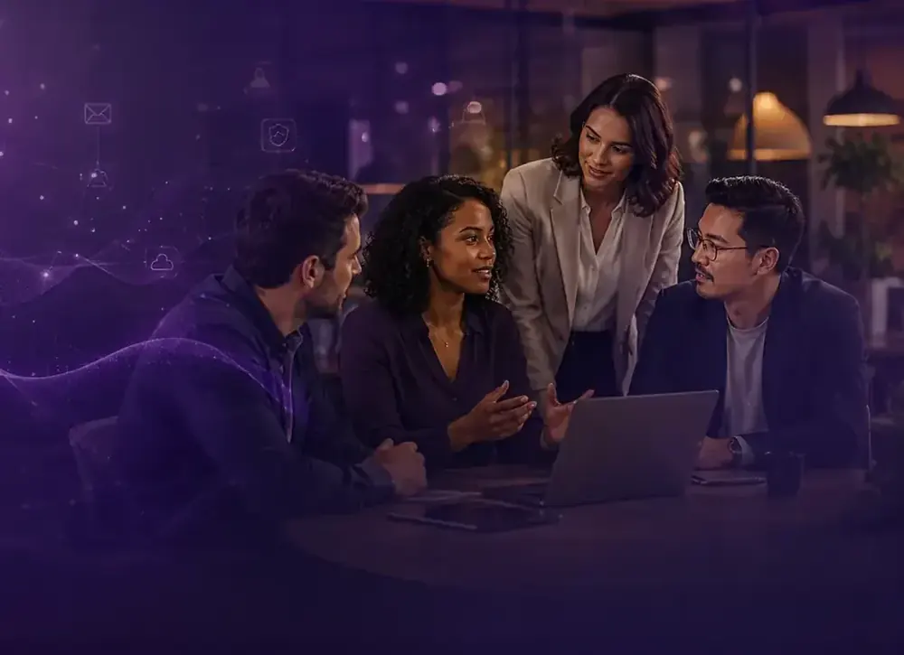 Equipe em conversa estratégica em ambiente corporativo